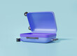 One open purple suitcase travel Tourism plane trip planning world tour on sky blue pastel background, leisure touring holiday summer concept. Minimal cartoon luggage. 3d render illustration