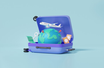 3D render minimal cartoon luggage tourism trip planning world tour with airplane, earth pin location on suitcase of travel online, leisure touring holiday summer concept. recreation. illustration