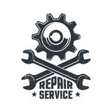 Fototapeta Kosmos - Mechanical repair workshop - retro logo with gear and wrenches. Spanner and gear wheel - vintage emblem.