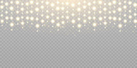 Christmas lights isolated on transparent background. Set of golden Christmas glowing garlands with sparks. For congratulations, advertising design invitations, web banners. Vector