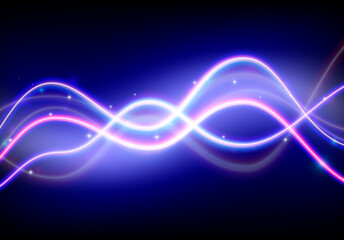 Poster - Neon light trails wave with blue and purple rays. 80s styled neon lines or wires glowing in the abstract background.