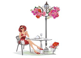 Wall Mural - Fashion people in the restaurant. Street cafe in the old city. Girls drinking coffee at the table near the retro window. Hand drawn Vector Illustration. 