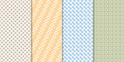 Set of minimal geometric texture seamless patterns. Repeating simple geometrical shapes backgrounds.