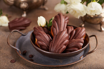 Wall Mural - Madeleine cookies in a shape of seashells covered with dark chocolate. Traditional French Mini cakes with lemon flower. 