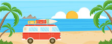 Banner With Red Bus With Surf Board And Luggage On The Beach. Summer Sea Background. Summer Travel, Holiday, Tourism. Beach With Palms, Mountains, Sun, Camper Van. Vector Illustration.