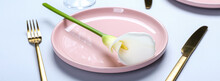Beautiful Table Setting With Calla Lily On Light Background, Closeup