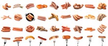 Set Of Many Different Sausages Isolated On White