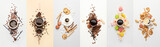 Fototapeta Kawa jest smaczna - Cups of coffee and sweets on light background, top view
