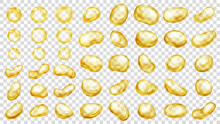 Set Of Realistic Translucent Water Drops In Yellow Colors In Various Shapes, Isolated On Transparent Background. Transparency Only In Vector Format