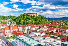 Ljubljana, Slovenia. Aerial View Of The Old Town And Castle