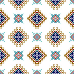 Wall Mural - Ikat ethnic seamless pattern design. Aztec fabric carpet mandala ornaments textile decorations wallpaper. Tribal boho native ethnic turkey traditional embroidery vector background 