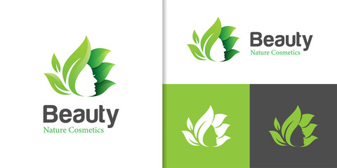 Wall Mural - Natural green beauty face logo design with leaf icon symbol element design for woman hair salon, natural cosmetic, skincare