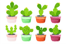 Set Cactus Plant. Botanical Plant In Pot. Illustration Of Prickly Cactus Plant. Garden Plants On A White Background