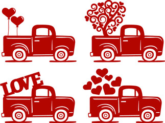 Wall Mural - Set valentine's red truck with hearts. Flat vector illustration