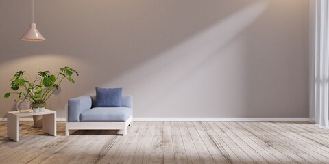 Interior Japanese style living room background with wooden chairs, gray walls, soft light at the window, 3D rendering