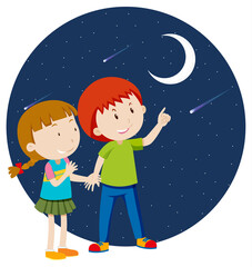 Wall Mural - happy kids pointing finger to the moon