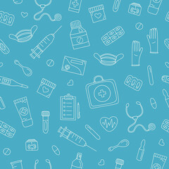 hand drawn seamless pattern with medicines and first aid supplies. Vector illustration isolated on blue background