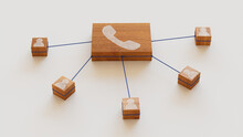 Communication Technology Concept With Phone Symbol On A Wooden Block. User Network Connections Are Represented With Blue String. White Background. 3D Render.