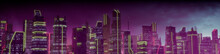Cyberpunk Cityscape With Pink And Yellow Neon Lights. Night Scene With Advanced Superstructures.