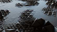 Dark Futuristic Surface With Tetrahedrons. Black, Abstract 3d Banner.