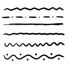 Hand Drawn Line Brushes Strokes Underline Doodle Cartoon Collection With Dots, Zig Zag Wavy Pattern Art. 