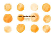 Yellow Watercolor Circle Stain Set. Aquarelle Orange Spots. Round Shape Watercolour Blots. Vector Illustration Isolated On White Background
