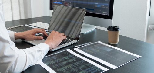 Programmer, Man working with computer programming, professional development, and coding technology, working on high-quality visual software development websites