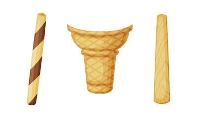 Sticker - Empty Waffle Cone as Container for Dessert and Wooden Stick Vector Set