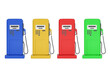 © WIROT - 3D rendering of a red, blue, yellow, and green gas pump in the front view. cut apart on a white background Oil dispenser. Fill the bucket. Road trip-clipping path