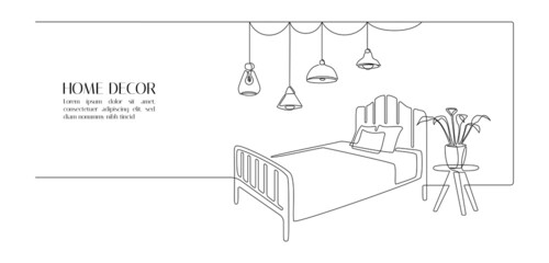 Aufkleber - Continuous one line drawing of bed and table with plant and loft lamps. Scandinavian furniture for cozy bedroom in simple linear style. Editable stroke. Doodle vector illustration