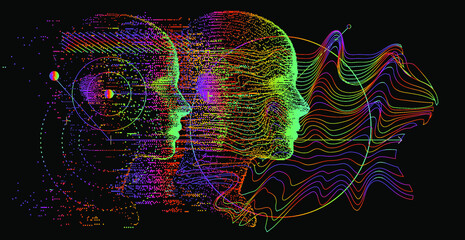 Poster - Abstract composition with 3D pixel human head and geometric shapes. Sci-fi futuristic style vector illustration in holographic colors.
