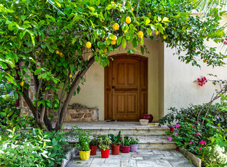 Wall Mural - Contemporary house entrance arched wooden door and garden with lemon tree, Athens, Greece.