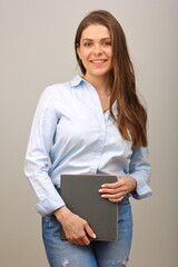 Poster - Teacher woman or student girl holding books. Isolated female portrait.