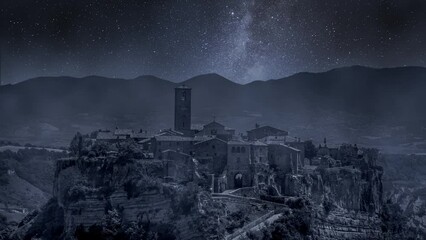Wall Mural - milky way over old town of bagnoregio, italy, timelapse