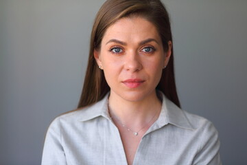 Close up face portrait of young woman. Isolated female portrait.