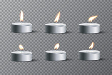 Set Of Realistic Tea Candles With Different Flames Isolated On Transparent Background. Vector Design Elements.