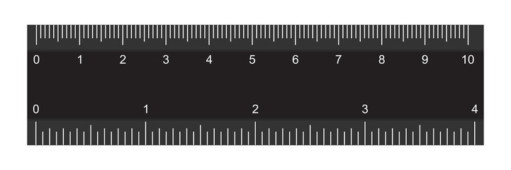 Double sided black ruler with scales to measure length, size in centimeters and inches