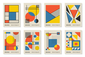 Set of 8 minimal vintage 20s geometric design posters, wall art, template, layout with primitive shapes elements. Bauhaus retro pattern background, vector abstract circle, triangle and square line art