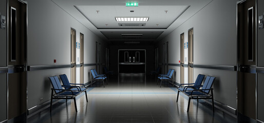 Wall Mural - Long dark hospital corridor with rooms and seats 3D rendering. Empty accident and emergency interior with bright lights lighting the hall from the ceiling