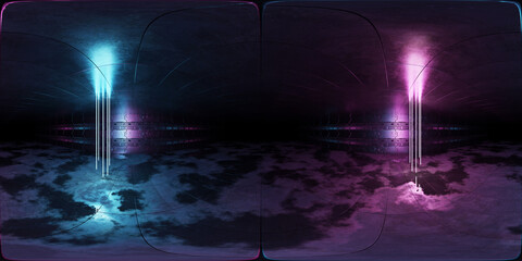 Aufkleber - Futuristic neon lights interior Hdri. 360 panoramic view of a cyber garage room hangar with sci fi glowing blue tubes. 3d Rendering