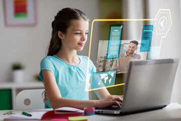 Poster - school, education and learning concept - student girl having online class on laptop at home