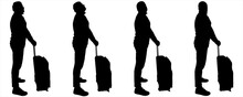 A Guy With A Suitcase On Wheels Is Waiting, Holding On To The Handle Of The Suitcase. The Man Observes The Situation, Looks Up, To The Side. Side View, Profile. Four Black Male Silhouettes Isolated