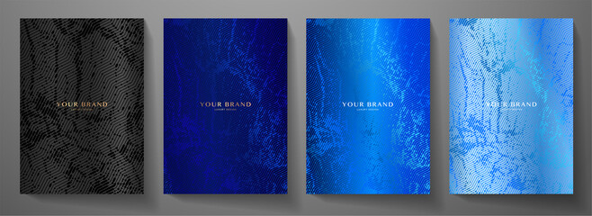 Wall Mural - Modern elegant cover design set. Luxury fashionable background with abstract digital marble pattern in, black, blue color. Elite premium vector template for menu, brochure, flyer layout, presentation