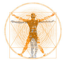 Vitruvian Man With Binary Code, Modern Variation On The Famous Symbol.
Stylized Drawing Of Vitruvian Man With Spiral Of Binary Codes. Vector Available.