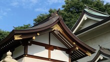 The Rooftop Gold Emblem Decor Of Ancient Japanese Shrine House, Ueno Park Gojyoten Jinjya” Temple, Year 2022 Sunny Weekday 