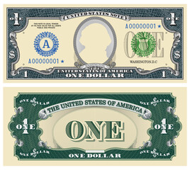 Wall Mural - Fictional template obverse and reverse of US paper money. One dollar banknote. Empty oval and guilloche frames. Washington