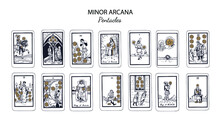 Tarot  Minor Arcana Vector Set Pentacles (part1) . Hand Drawn Illustration