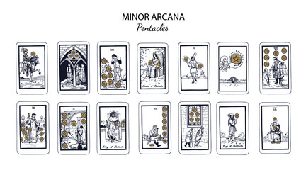 Tarot  Minor Arcana vector set Pentacles (part1) . Hand drawn illustration