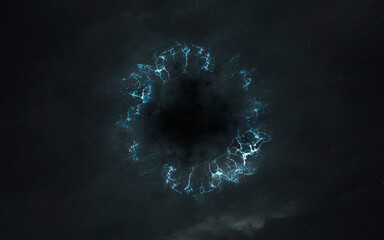 Wall Mural - 3d illustration of black hole absorbing light in deep space. 5k realistic science fiction art. eleme