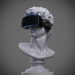 Wall Mural - Concept futuristic illustration from 3D rendering of white marble classical head sculpture with black virtual reality visor headset isolated on grey background.